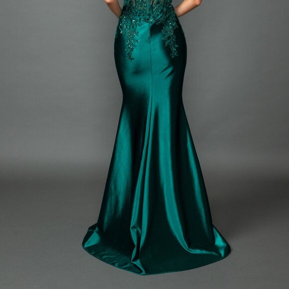 New Off Shoulder Maxi Prom Gown w/ Floral Lace Over Sheer Boned Bodice DQ 4540 - Picture 8 of 8